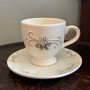 Romantic Cottage Rhinestone Floral Teacup & Saucer Princess‎ Tea Party Decor
